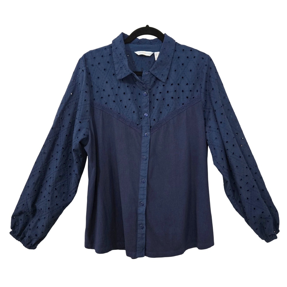 Canyon Retreat Boho Navy Blue Eyelet Embroidered‎ Cotton Top Long Sleeve Large
